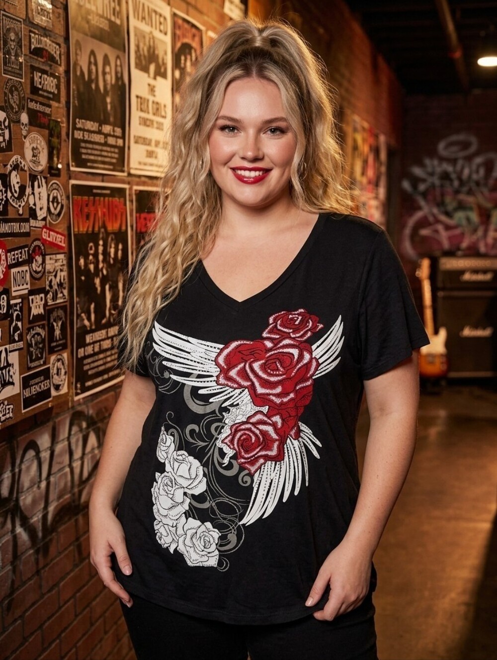 🎉SALE Black Vneck Graphic Top Red and White Rose Design Rhinestones